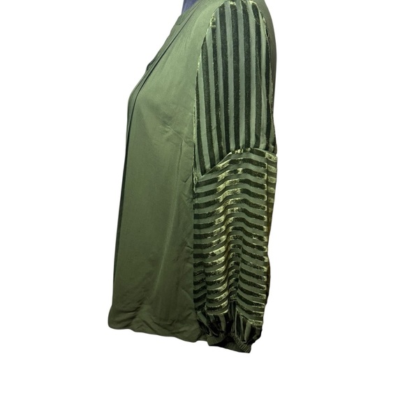 Soft Surroundings | Dark Green Balloon Sleeve Blouse with Velvet Stripe Sleeves - Picture 3 of 8